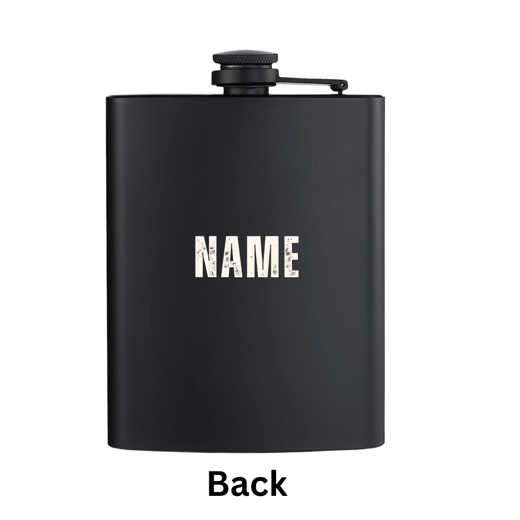 MATTE BLACK 8 OZ FLASK W/ NAME ON BACK