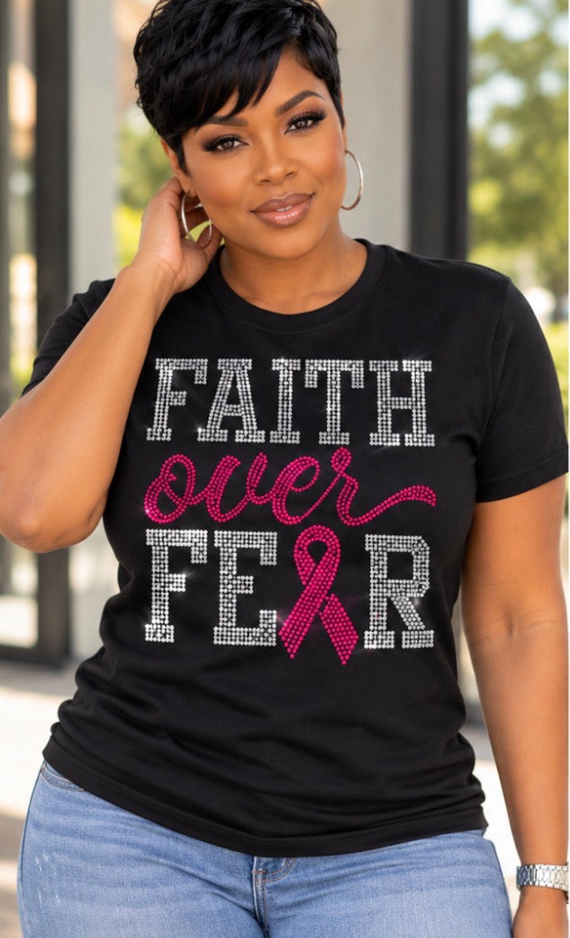 Faith Over Fear Breast Cancer Awareness Rhinestone T-Shirt